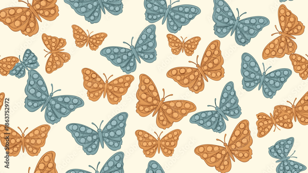 Obraz premium Seamless pattern of stylized butterflies with dotted patterns on their wings in shades of blue and orange on beige.