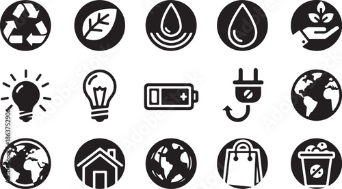 A collection of eco-friendly icons on a white background