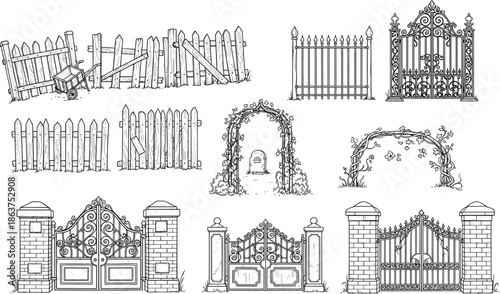 gate and fence collection, iron gate, wooden fence, cemetery arch, broken fence, architectural elements, cad drawing flat vector illustration