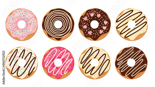 Collection of eight delicious donuts with different toppings including chocolate pink glaze sprinkles and heart decorations.