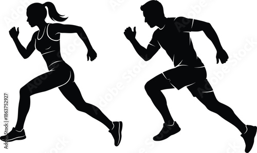 Two Runners Running Silhouette Isolated on White, Male and Female Athletes Training for Marathon, Fitness Healthy Lifestyle Concept, Active People Sprinting