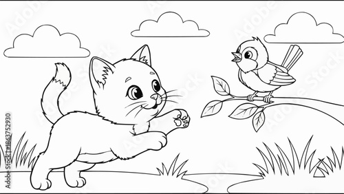 Cute cartoon kitten playing with a small bird on a branch.