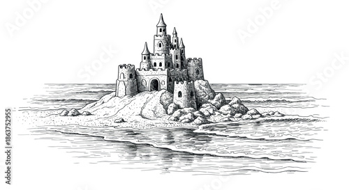 Medieval Sandcastle on Rocky Island by Sea