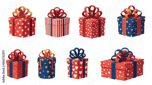 Large collection of diverse Christmas gift boxes with different colorful patterns ribbons and bows on a white background.