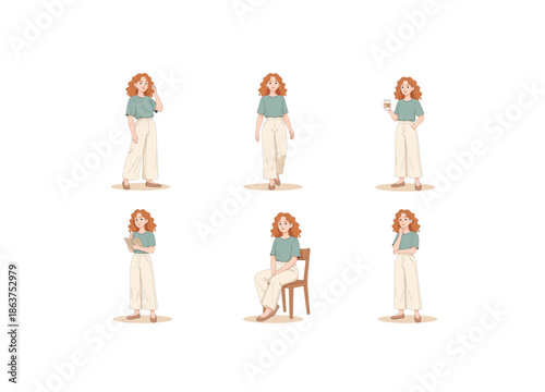 A character sheet of a young woman with wavy ginger hair, wearing a green t-shirt and cream-colored wide-leg trousers. The illustration features six different poses and expressions.
