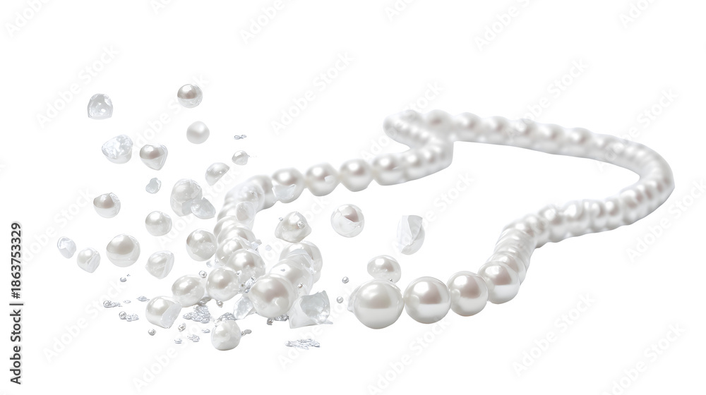 Obraz premium White pearls spilling out of broken pearl necklace on white background, jewelry damage concept with scattered pearls with broken jewelry and luxury fashion