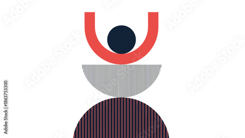 Abstract geometric composition featuring a balanced arrangement of red blue and striped semicircles for modern art projects.