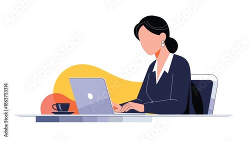 Flat illustration of a professional woman in a suit working on a laptop at a desk with a coffee cup on a colorful background.
