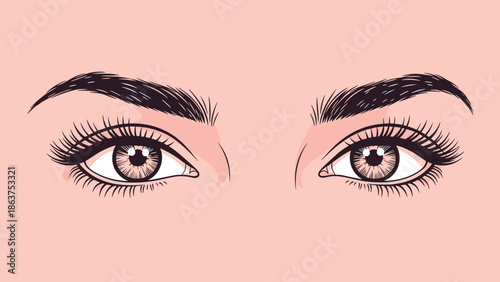 Close up illustration of beautiful female eyes with long dark eyelashes and perfectly shaped eyebrows on a soft pink background.