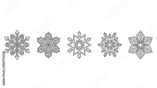 Horizontal row of five unique and intricately detailed snowflake illustrations representing winter season and cold weather.
