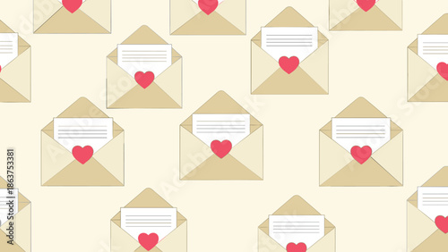 Seamless pattern featuring multiple envelopes with red hearts and blank letters for love themes or Valentines Day backgrounds.