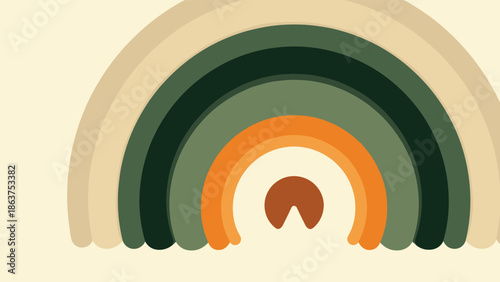 Stylized earthy toned rainbow illustration featuring layers of green orange and beige in a modern minimalist aesthetic.