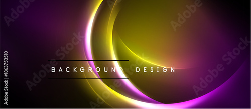 Abstract background features vibrant curves, gradients. Purple, yellow hues dominate dark space. Text reads background design.