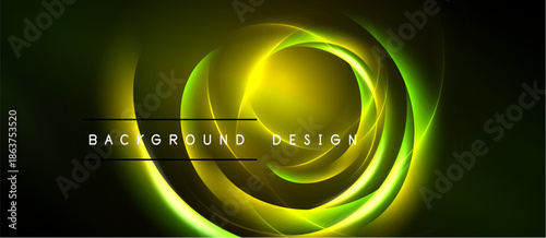 Abstract neon swirls, vibrant yellow, green hues. Dark background emphasizes glowing circular design. Text reads background design.