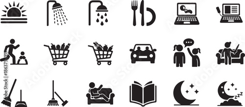 A collection of black and white icons on a white background