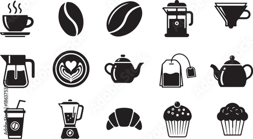 A collection of black and white coffee icons and pastries