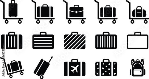 Travel, luggage, icon, set, illustration, showing, suitcase, baggage, trolley, airport, journey, tourism, transportation, holiday, trip, packing, black, white, design