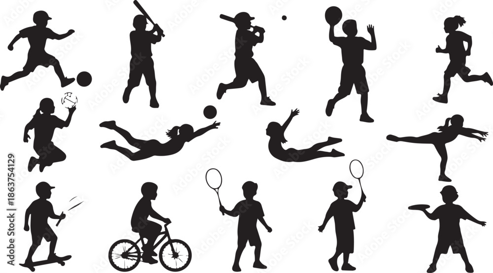 Fototapeta premium A collection of black silhouettes of children playing sports