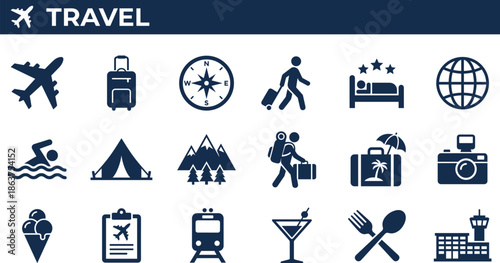 Travel icons set, tourism vacation transportation adventure hotel luggage destination symbols, journey planning concept, flat vector illustration design