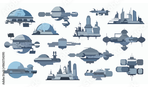 Space Colonies Flat Vector Illustration Set for Futuristic Concepts