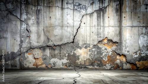 Close-up of a cracked and weathered concrete wall with a rough texture and rust stains on a concrete floor with a dramatic lighting effect.