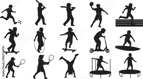 A collection of black silhouettes of people engaging in various sports and activities