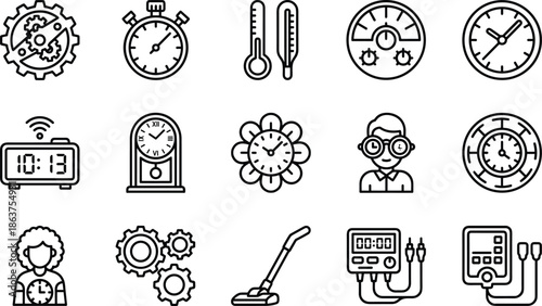 Time management line icons set, clocks, stopwatch, thermometer, gauges, smart devices, productivity, schedule, vector outline illustration collection