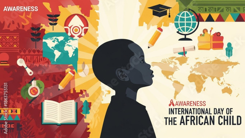 International day of the african child awareness concept with a silhouette of a child surrounded by educational icons and a world map with learning