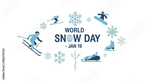World snow day celebration on january 19th with people skiing, snowboarding and ice skating with winter sports and snowflakes and skier and snowboarder