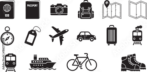 A collection of travel icons on a white background