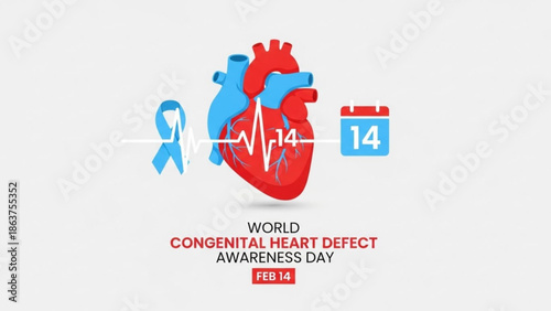 World congenital heart defect awareness day on february 14th with a red heart and blue ribbon on a white background with heart health and medical