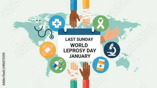 World leprosy day awareness campaign with diverse hands and medical icons on a world map background with leprosy awareness and health campaign