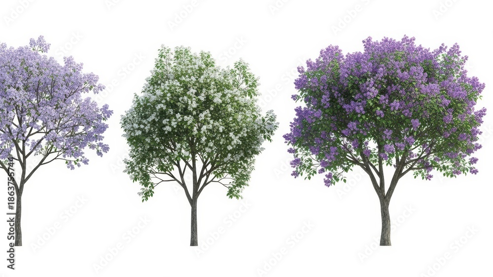Obraz premium Isolated Trees, 3D Rendered Trees with Blossoms, Floral Elements, Spring, Summer