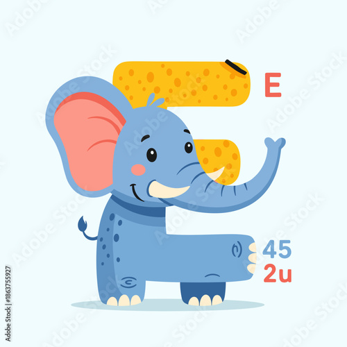 Cute cartoon elephant with a cheerful expression, large ears, and playful stance suitable for