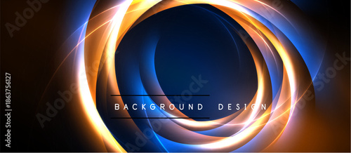 Abstract design features concentric glowing circles. Blue, orange hues create dynamic visual effect. Modern background element.
