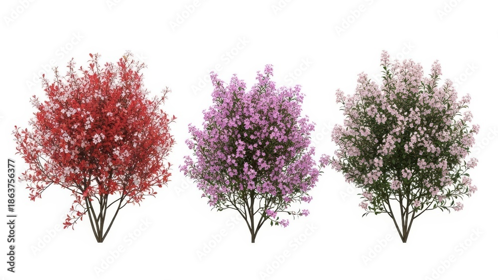 Fototapeta premium Three Colorful Trees Isolated on White, Spring Season Concept, Floral Background