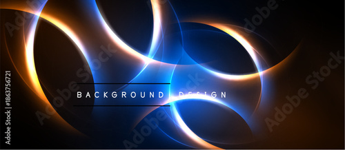 Abstract design features glowing curves, blue, orange hues. Dark background emphasizes bright lines, creating dynamic visual effect.