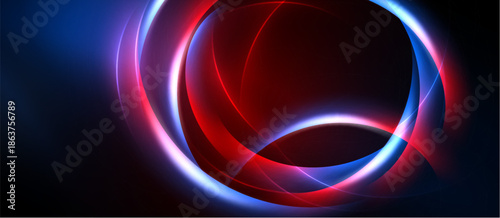 Abstract neon circles, vibrant red, blue hues. Dark background creates dramatic visual impact. Smooth curves, flowing energy.