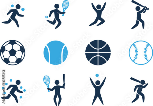 Sports icons set featuring athletes, balls, tennis, baseball, soccer, basketball activities, competition fitness concepts, modern flat vector illustration design