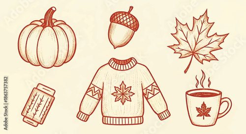 Autumn cozy icons set with sweater, pumpkin and hot drink