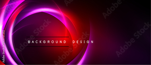 Abstract neon circles, vibrant magenta, red hues. Dark background creates dramatic visual effect. Text reads background design.