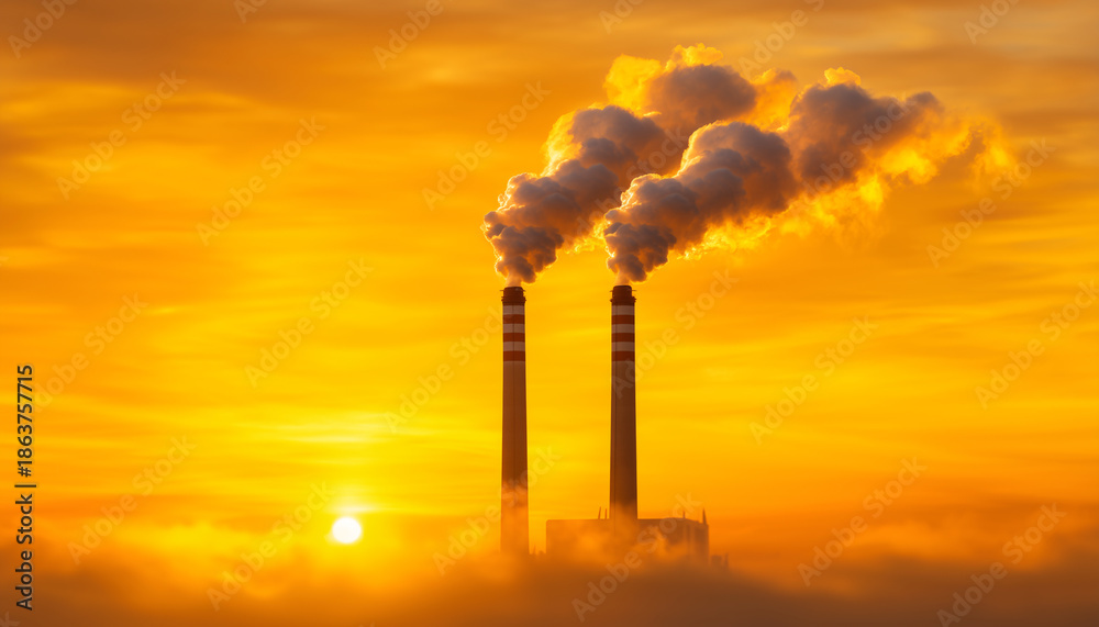 Obraz premium Industrial Emissions against the Sun Chimneys spew billowing smoke into a fiery sky, presenting a stark contrast between industry and the environment.