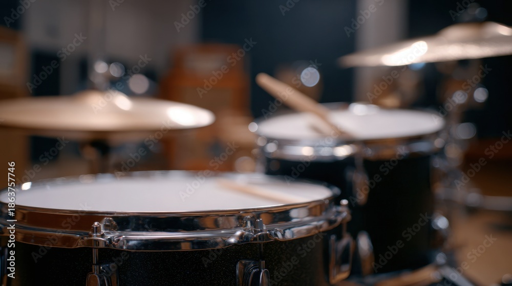 Obraz premium Medium close shot of a starter drum kit with the central snare and hihat crisply detailed while other components remain softly out of focus conveying learning basics.