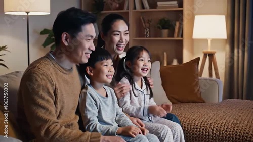 Cheerful Asian Family Watching Television Together At Home In The Evening With Joyful Laughter