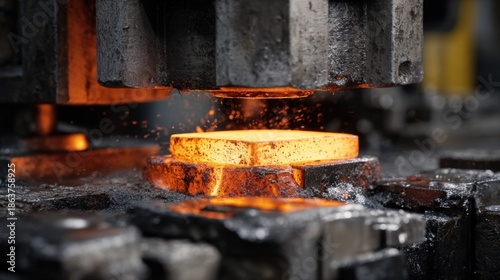 Hot metal being forged by industrial machinery with sparks flying Manufacturing process in a factory
