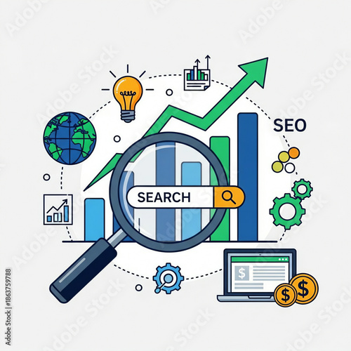 An SEO and digital marketing illustration demonstrating search analysis and online business growth.