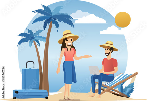 Relaxed Couple Working Remotely on Tropical Beach Vacation, Man on Laptop and Woman Talking, under palm trees.