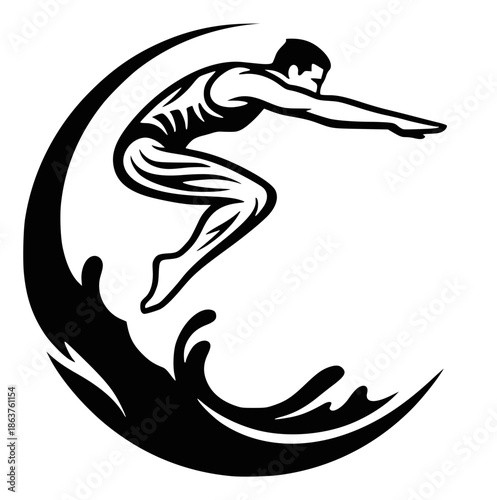A black and white vector-style graphic depicts a male diver arching over a stylized wave