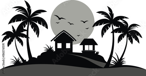 Black and white silhouette of tropical island with palm trees and huts