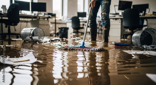 Office Flooding Due to Water Leak with Debris and Displaced Furniture Causing Disruption in Work Environment